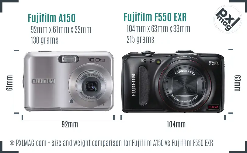 Fujifilm A150 vs Fujifilm F550 EXR size comparison