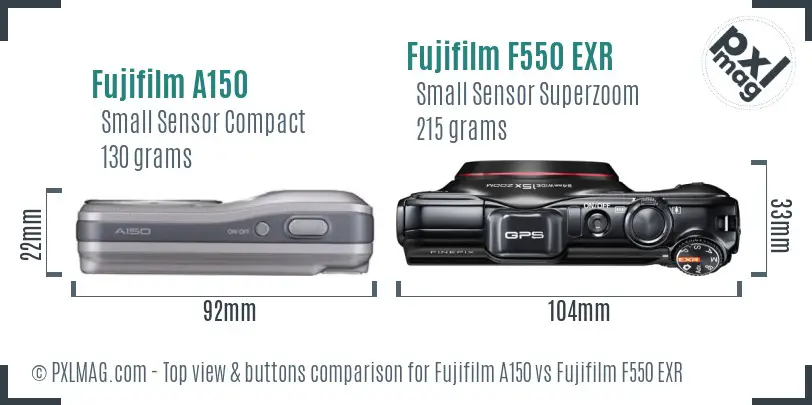Fujifilm A150 vs Fujifilm F550 EXR top view buttons comparison