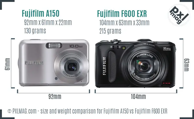 Fujifilm A150 vs Fujifilm F600 EXR size comparison