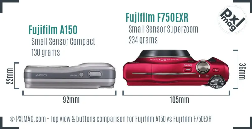 Fujifilm A150 vs Fujifilm F750EXR top view buttons comparison