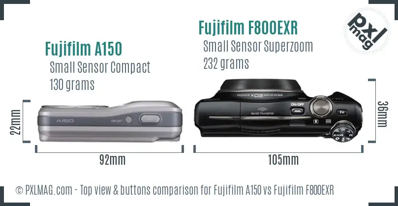 Fujifilm A150 vs Fujifilm F800EXR top view buttons comparison Fujifilm A150 vs Fujifilm F800EXR top view buttons comparison