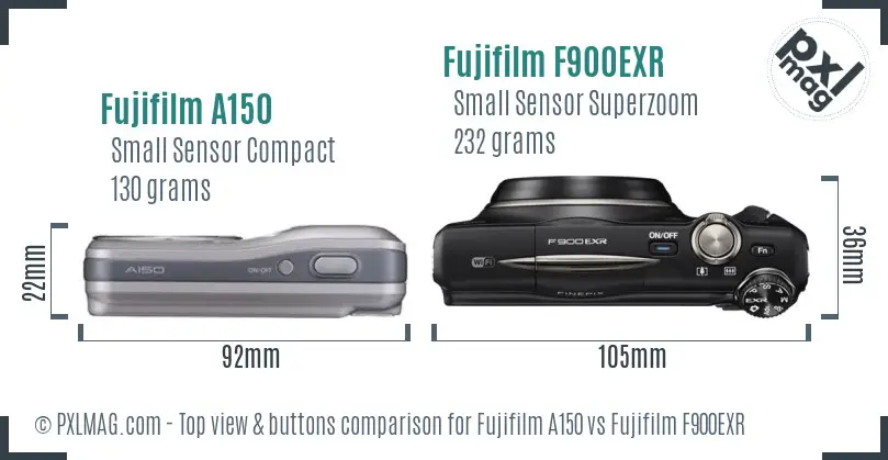 Fujifilm A150 vs Fujifilm F900EXR top view buttons comparison Fujifilm A150 vs Fujifilm F900EXR top view buttons comparison