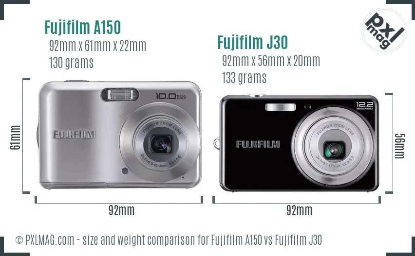 Fujifilm A150 vs Fujifilm J30 size comparison