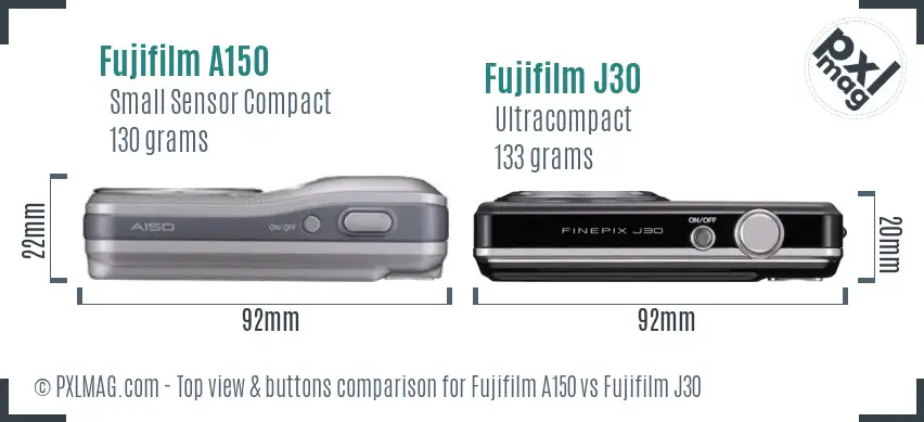 Fujifilm A150 vs Fujifilm J30 top view buttons comparison