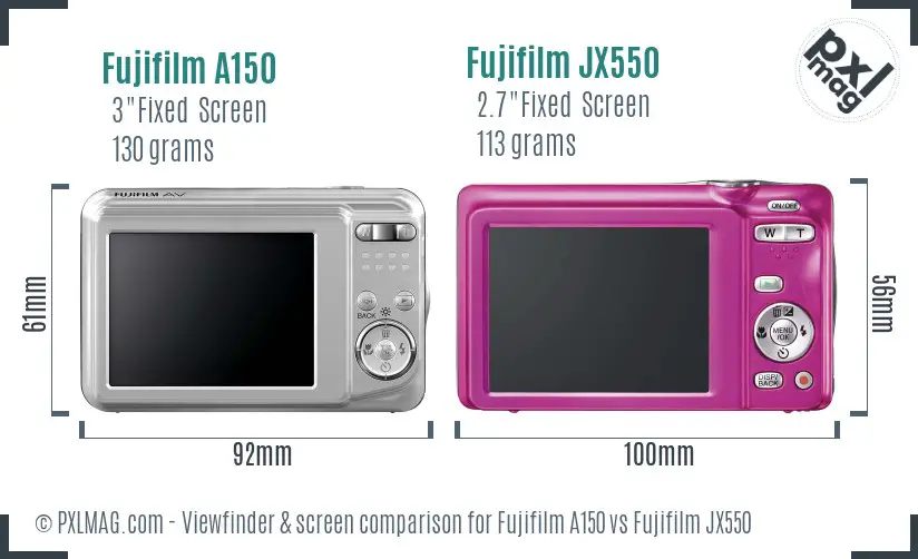 Fujifilm A150 vs Fujifilm JX550 Screen and Viewfinder comparison