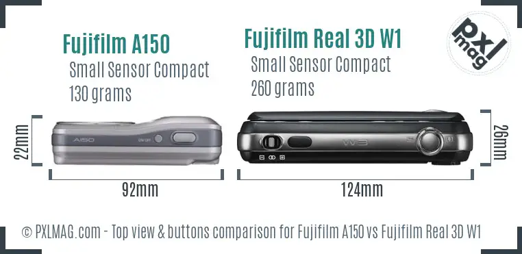 Fujifilm A150 vs Fujifilm Real 3D W1 top view buttons comparison