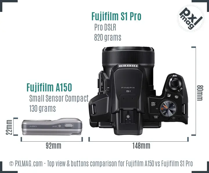 Fujifilm A150 vs Fujifilm S1 Pro top view buttons comparison Fujifilm A150 vs Fujifilm S1 Pro top view buttons comparison