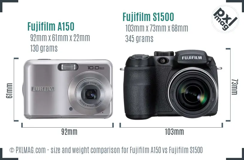 Size comparison of Fujifilm FinePix A150 and S1500 showing compact vs bridge body types