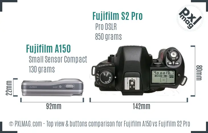 Fujifilm A150 vs Fujifilm S2 Pro top view buttons comparison Fujifilm A150 vs Fujifilm S2 Pro top view buttons comparison