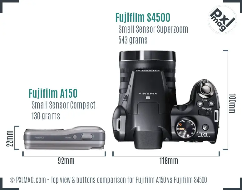 Fujifilm A150 vs Fujifilm S4500 top view buttons comparison Fujifilm A150 vs Fujifilm S4500 top view buttons comparison