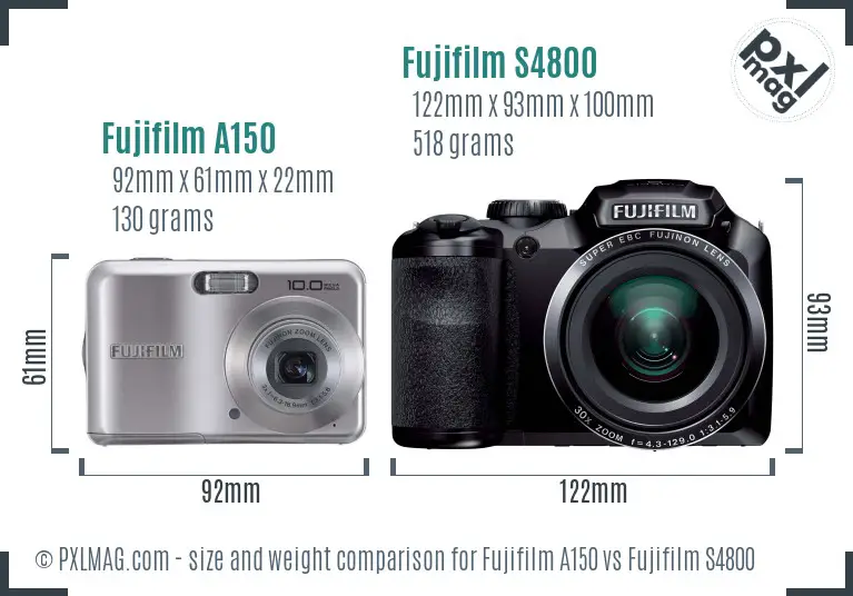 Size comparison between Fujifilm FinePix A150 and S4800 compact and bridge camera bodies