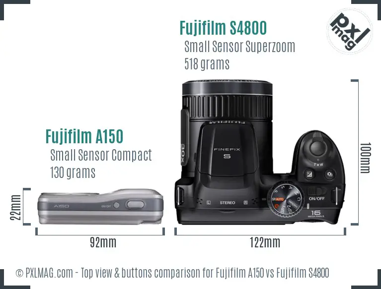Top view design and control layout comparison for FinePix A150 and S4800