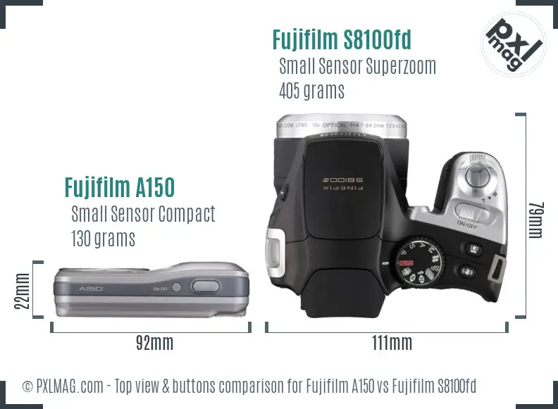Fujifilm A150 vs Fujifilm S8100fd top view buttons comparison