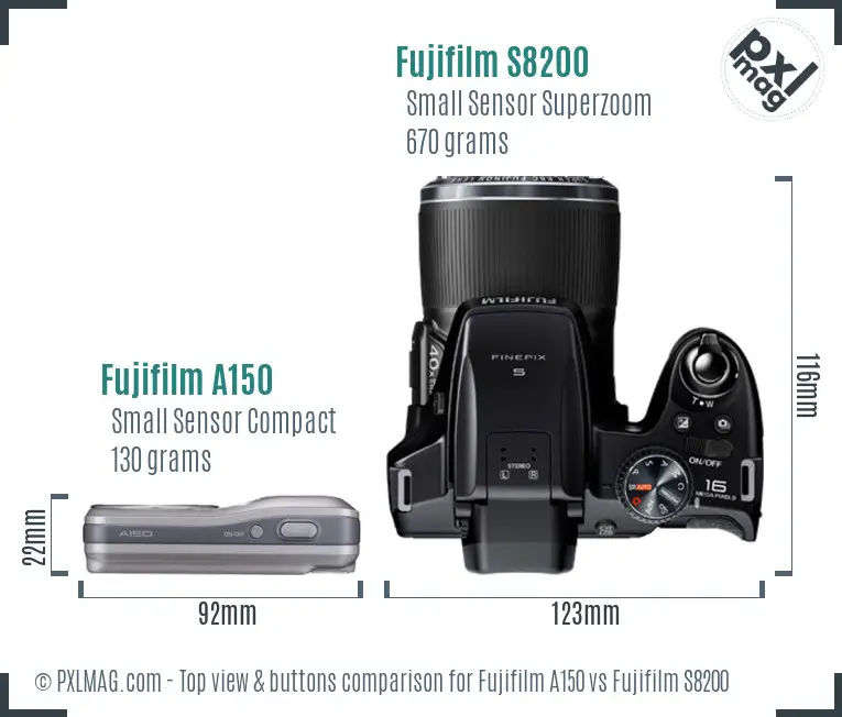 Fujifilm A150 vs Fujifilm S8200 top view buttons comparison Fujifilm A150 vs Fujifilm S8200 top view buttons comparison