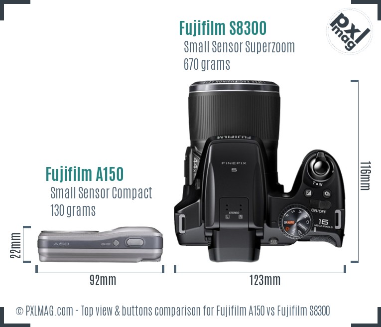Fujifilm A150 vs Fujifilm S8300 top view buttons comparison