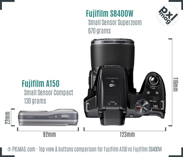 Fujifilm A150 vs Fujifilm S8400W top view buttons comparison