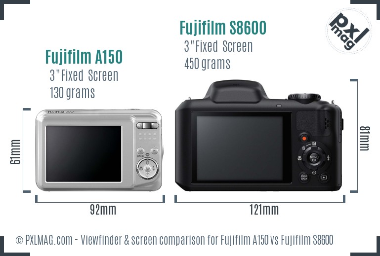 Fujifilm A150 vs Fujifilm S8600 Screen and Viewfinder comparison