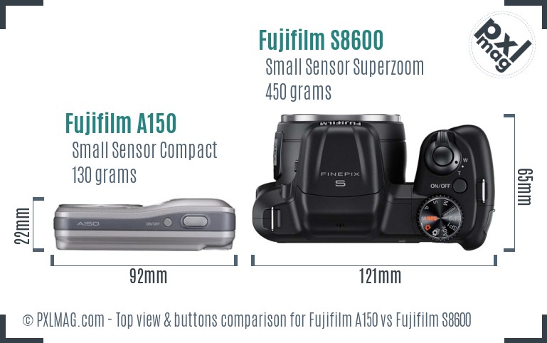 Fujifilm A150 vs Fujifilm S8600 top view buttons comparison