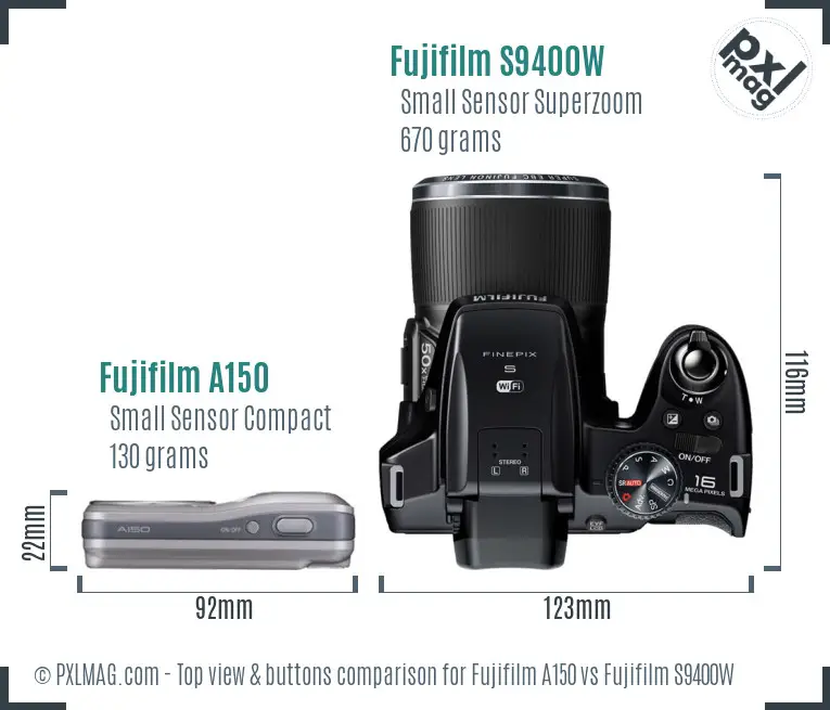 Fujifilm A150 vs Fujifilm S9400W top view buttons comparison