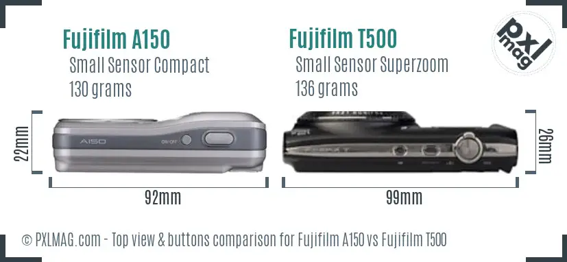 Fujifilm A150 vs Fujifilm T500 top view buttons comparison
