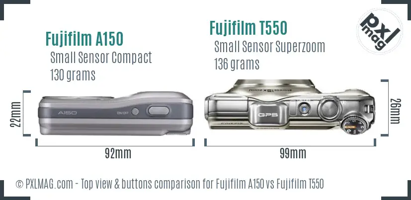 Fujifilm A150 vs Fujifilm T550 top view buttons comparison