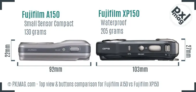 Fujifilm A150 vs Fujifilm XP150 top view buttons comparison