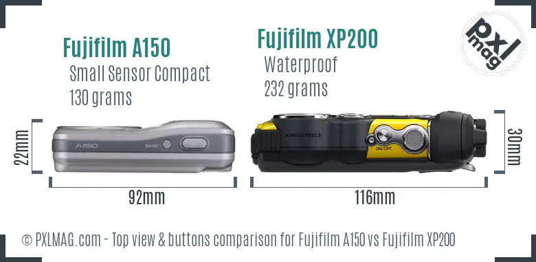 Fujifilm A150 vs Fujifilm XP200 top view buttons comparison