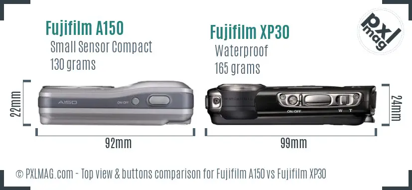 Fujifilm A150 vs Fujifilm XP30 top view buttons comparison
