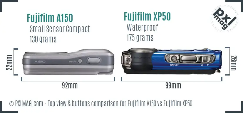 Fujifilm A150 vs Fujifilm XP50 top view buttons comparison