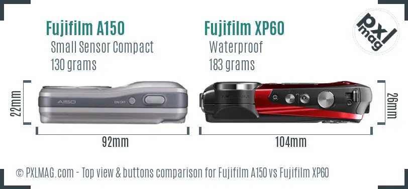 Fujifilm A150 vs Fujifilm XP60 top view buttons comparison