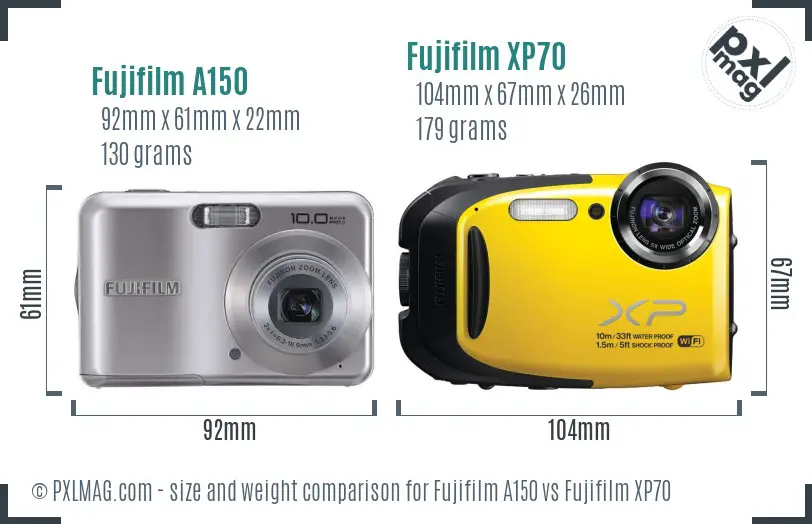 Fujifilm A150 vs Fujifilm XP70 size comparison