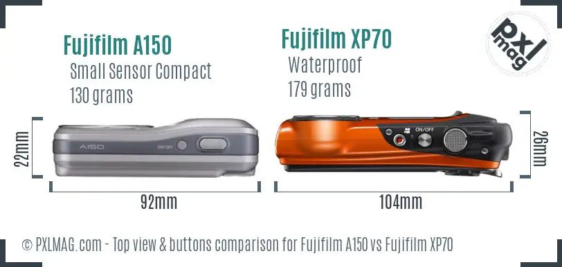 Fujifilm A150 vs Fujifilm XP70 top view buttons comparison