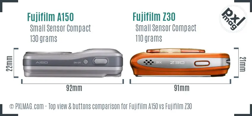 Fujifilm A150 vs Fujifilm Z30 top view buttons comparison