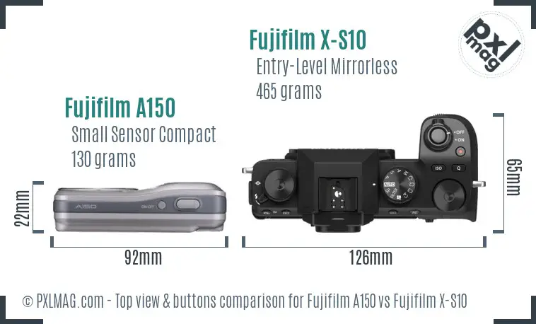 Fujifilm A150 vs Fujifilm X-S10 top view buttons comparison