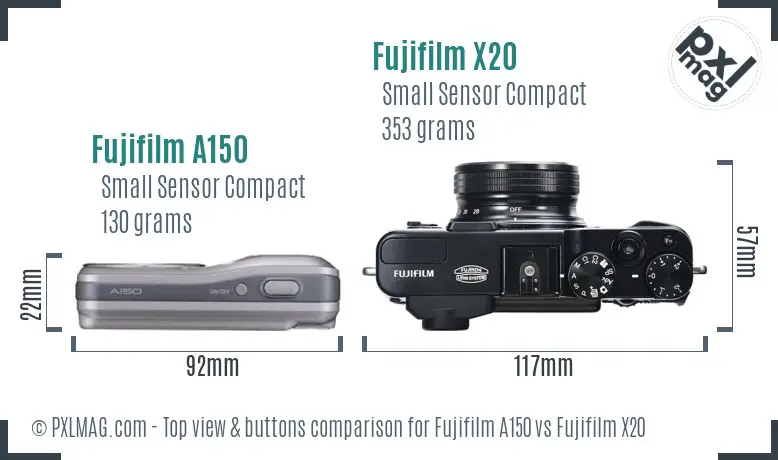 Fujifilm A150 vs Fujifilm X20 top view buttons comparison