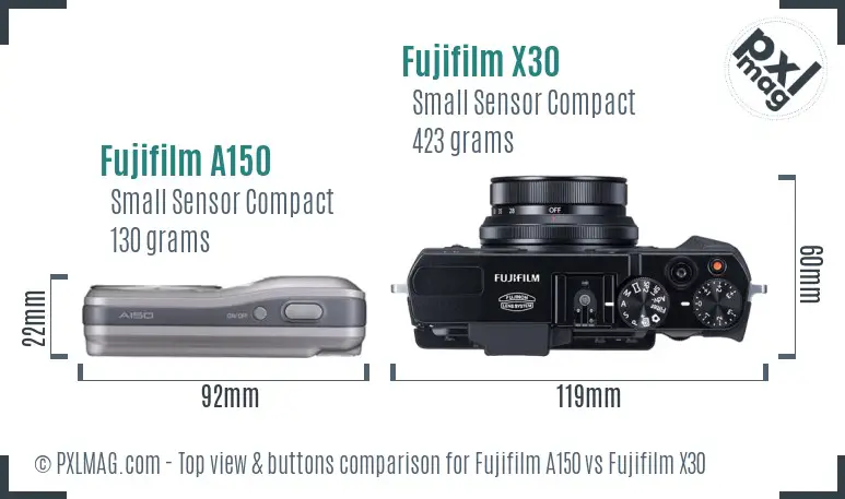 Fujifilm A150 vs Fujifilm X30 top view buttons comparison