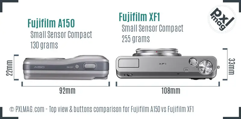 Fujifilm A150 vs Fujifilm XF1 top view buttons comparison