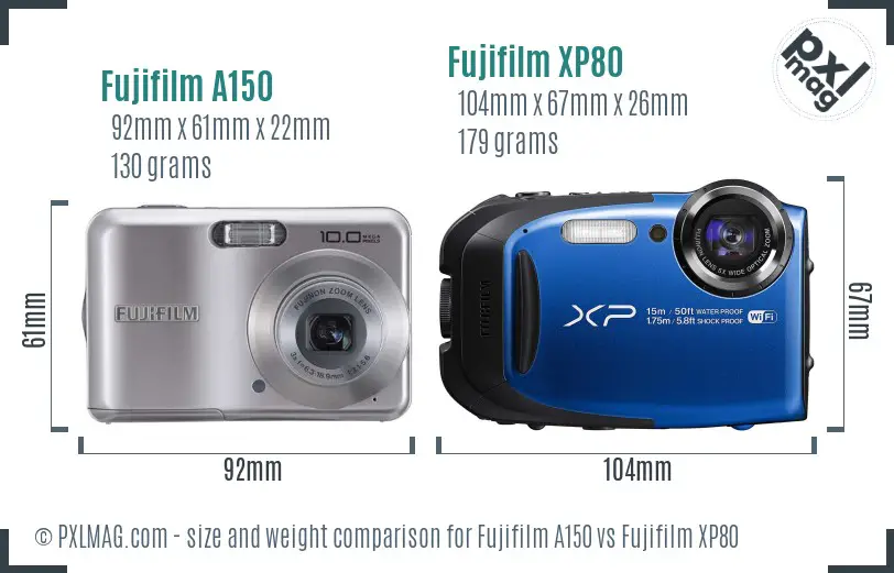 Fujifilm A150 vs Fujifilm XP80 size comparison
