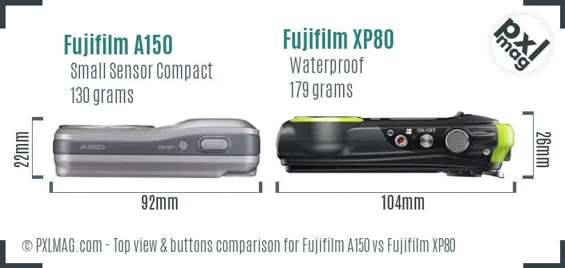 Fujifilm A150 vs Fujifilm XP80 top view buttons comparison
