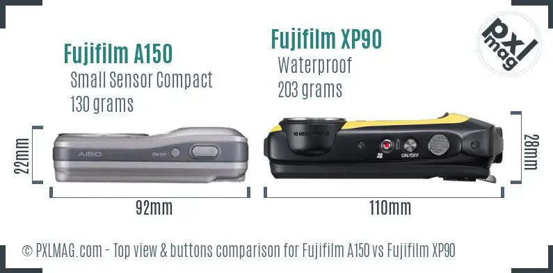 Fujifilm A150 vs Fujifilm XP90 top view buttons comparison