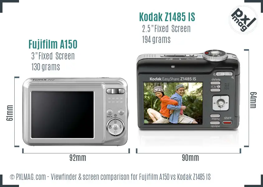 Fujifilm A150 vs Kodak Z1485 IS Screen and Viewfinder comparison