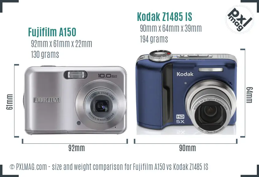 Fujifilm A150 vs Kodak Z1485 IS size comparison