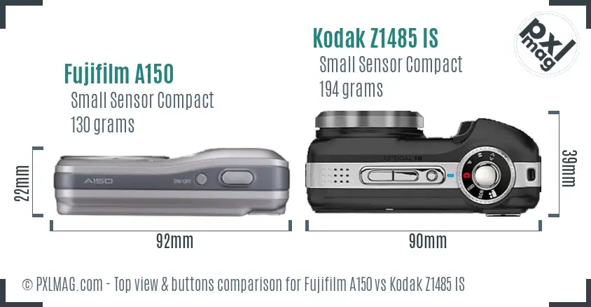 Fujifilm A150 vs Kodak Z1485 IS top view buttons comparison