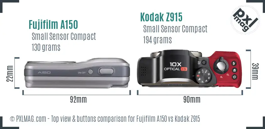 Fujifilm A150 vs Kodak Z915 top view buttons comparison