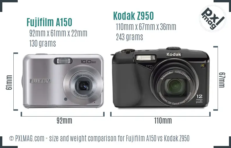 Fujifilm A150 vs Kodak Z950 size comparison
