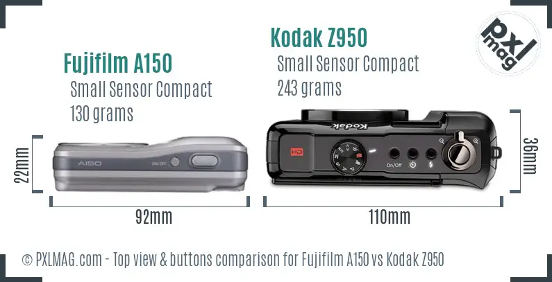 Fujifilm A150 vs Kodak Z950 top view buttons comparison