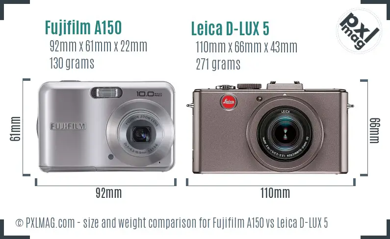 Fujifilm A150 vs Leica D-LUX 5 size comparison