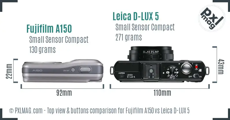 Fujifilm A150 vs Leica D-LUX 5 top view buttons comparison
