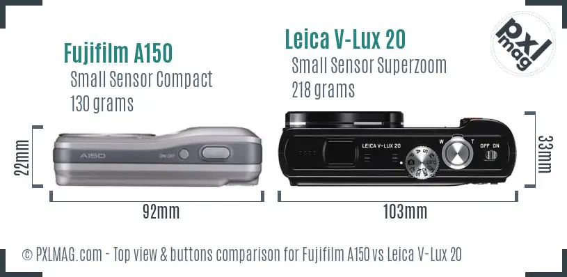 Fujifilm A150 vs Leica V-Lux 20 top view buttons comparison
