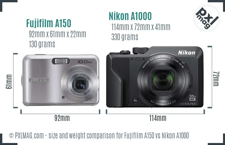 Fujifilm A150 vs Nikon A1000 size comparison